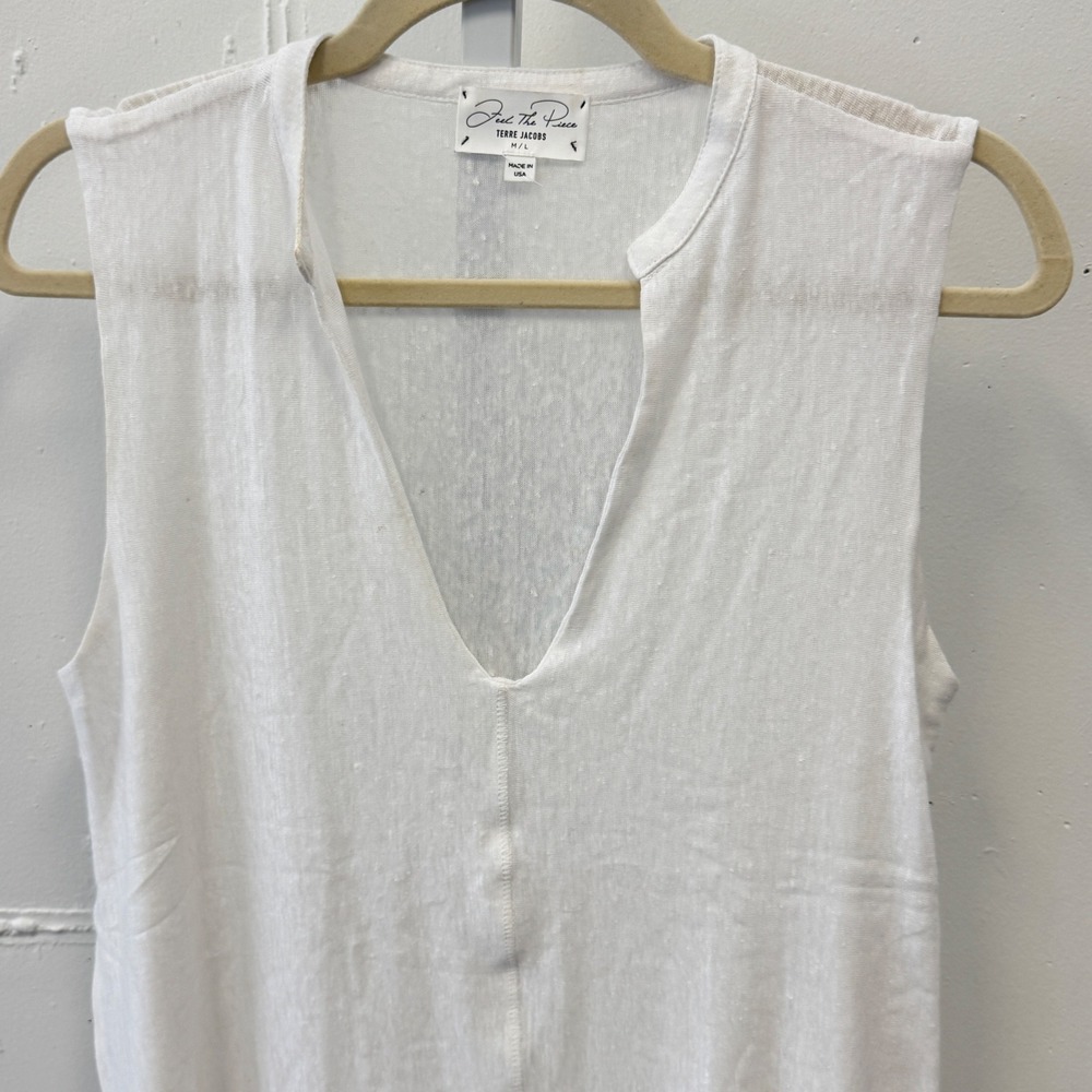 Feel The Piece Terre Jacobs White 100% Linen Deep V-Neck Sleeveless Top M/L - Picture 3 of 10